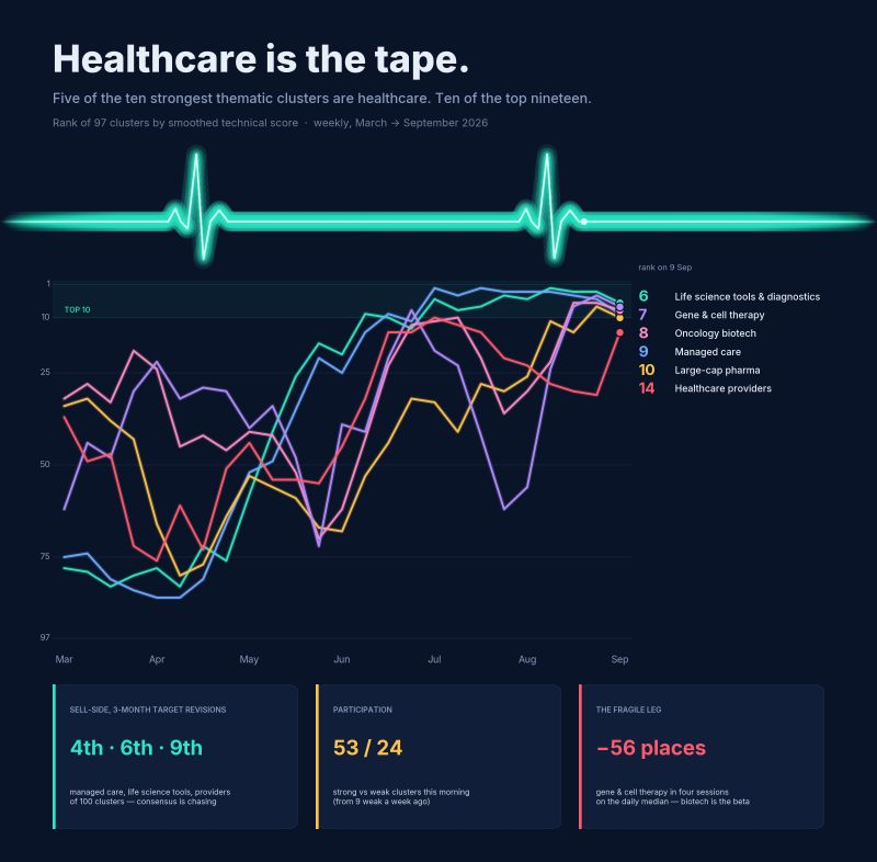 Weekly rank of 97 thematic clusters from March to September 2026, with six healthcare clusters climbing into the top ten